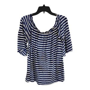Lane Bryant Womens Shirt Plus Size 18/20 Blue White Strip Bell Sleeve Elastic